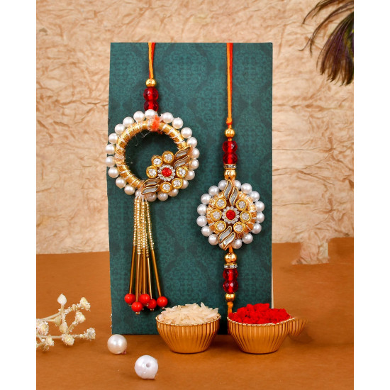 CraftVatika Rakhi Gift Combo for Brother Bhaiya and Bhabhi | Bhaiya Bhabhi Couple Rakhi Set of 2 | Rakhi with ganesha Idol Gift for Brother | Premium Kundan Lumba Rakhi for Bhabhi