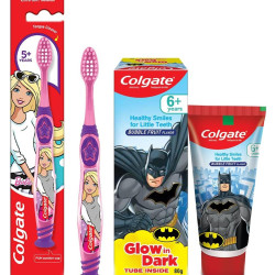 Colgate Batman Anticavity Toothpaste For Kids - 80g (Bubble Fruit Flavour) & Colgate Kids Barbie Manual Toothbrush,Multicolor,1 Piece