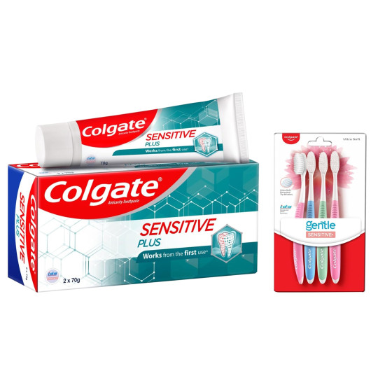 Colgate Sensitive Plus Toothpaste, With Pro Argin Formula for Sensitivity Relief, 70gm (Buy 1 Get 1 Free) & Colgate Sensitive Soft Bristles Manual Toothbrush for adults - 4 Pcs, Multicolor Colgate Sensitive Plus Toothpaste, With Pro Argin Formula for Sensitivity Relief, 70gm (Buy 1 Get 1 Free) & Colgate Sensitive Soft Bristles Manual Toothbrush for adults - 4 Pcs, Multicolor
