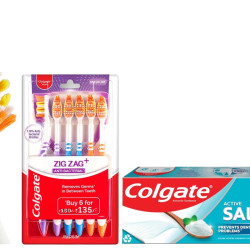 Colgate Active Salt 300g (200g + 100g, Pack of 2) Toothpaste & Colgate ZigZag Manual Toothbrush for adults, Pack of 6 Medium Multicolour Soft Tooth brush