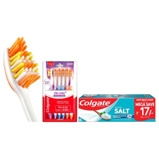 Colgate Active Salt 300g (200g + 100g, Pack of 2) Toothpaste & Colgate ZigZag Manual Toothbrush for adults, Pack of 6 Medium Multicolour Soft Tooth brush