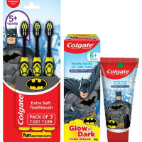 Colgate Kids Batman Manual Toothbrush(Pack of 3,Multicolor) & Colgate Batman Anticavity Toothpaste For Kids - 80g (Bubble Fruit Flavour)