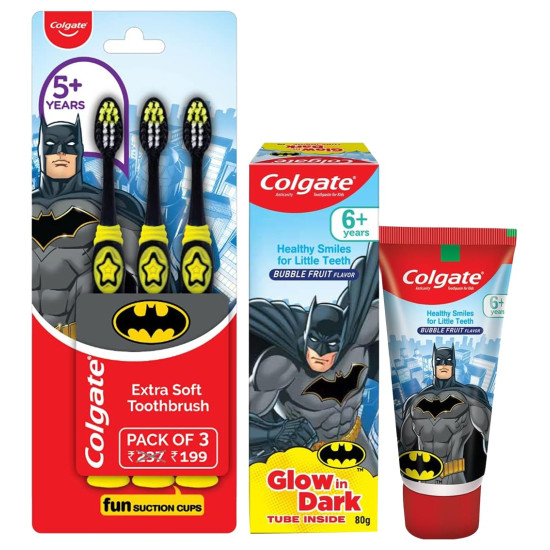 Colgate Kids Batman Manual Toothbrush(Pack of 3,Multicolor) & Colgate Batman Anticavity Toothpaste For Kids - 80g (Bubble Fruit Flavour)