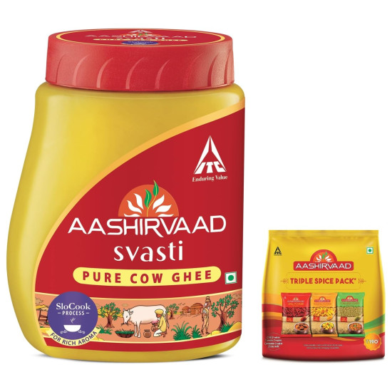 Aashirvaad Svasti Ghee PET, 1 L & Aashirvaad Spices Combo Pack (Chilli 200g Turmeric 200g Coriander 200g)