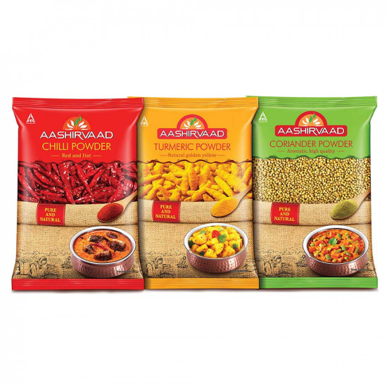 Aashirvaad Svasti Ghee PET, 1 L & Aashirvaad Spices Combo Pack (Chilli 200g Turmeric 200g Coriander 200g)
