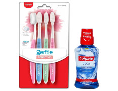Colgate Plax Antibacterial Mouthwash, 24/7 Fresh Breath - Pack of 250ml, (Complete Care) & Colgate Sensitive Soft Bristles Manual Toothbrush for adults - 4 Pcs, Multicolor