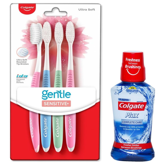 Colgate Plax Antibacterial Mouthwash, 24/7 Fresh Breath - Pack of 250ml, (Complete Care) & Colgate Sensitive Soft Bristles Manual Toothbrush for adults - 4 Pcs, Multicolor