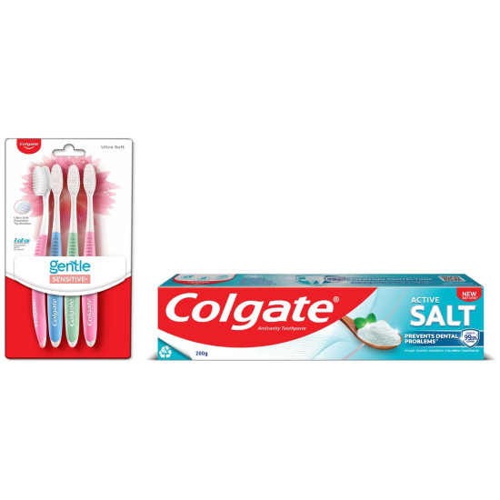 Colgate Active Salt Toothpaste, Daily Germ Protection, Pack of 200g & Colgate Sensitive Soft Bristles Manual Toothbrush for adults - 4 Pcs, Multicolor