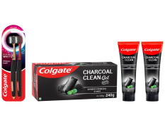 Colgate Visible White O2 Manual Toothbrush for adults- 2 Pcs & Colgate Charcoal Clean 240g (120g x 2, Pack of 2) Black Gel Toothpaste