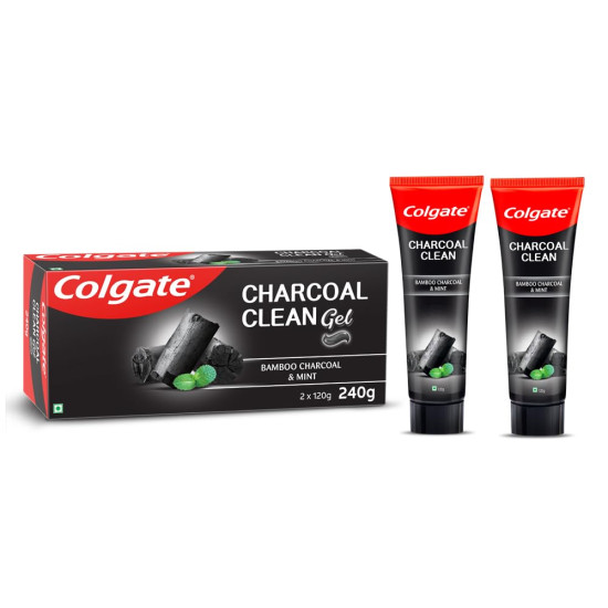 Colgate Visible White O2 Manual Toothbrush for adults- 2 Pcs & Colgate Charcoal Clean 240g (120g x 2, Pack of 2) Black Gel Toothpaste