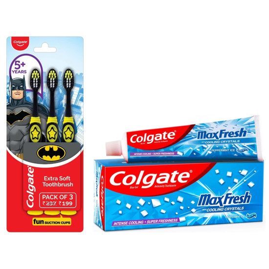 Colgate Kids Batman Manual Toothbrush(Pack of 3,Multicolor) & Colgate MaxFresh 300g (150g x 2, Pack of 2) Toothpaste, Blue Gel Paste(Peppermint Ice, Saver Pack) Colgate Kids Batman Manual Toothbrush(Pack of 3,Multicolor) & Colgate MaxFresh 300g (150g x 2, Pack of 2) Toothpaste, Blue Gel Paste(Peppermint Ice, Saver Pack)