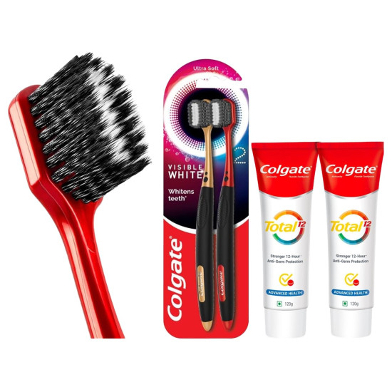 Colgate Visible White O2 Manual Toothbrush for adults- 2 Pcs & Colgate Total 240g (120g x 2, Pack of 2) Cavity Protection Toothpaste (Advanced Health, Saver Pack)