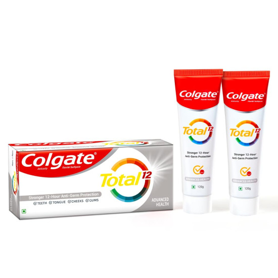 Colgate Visible White O2 Manual Toothbrush for adults- 2 Pcs & Colgate Total 240g (120g x 2, Pack of 2) Cavity Protection Toothpaste (Advanced Health, Saver Pack)