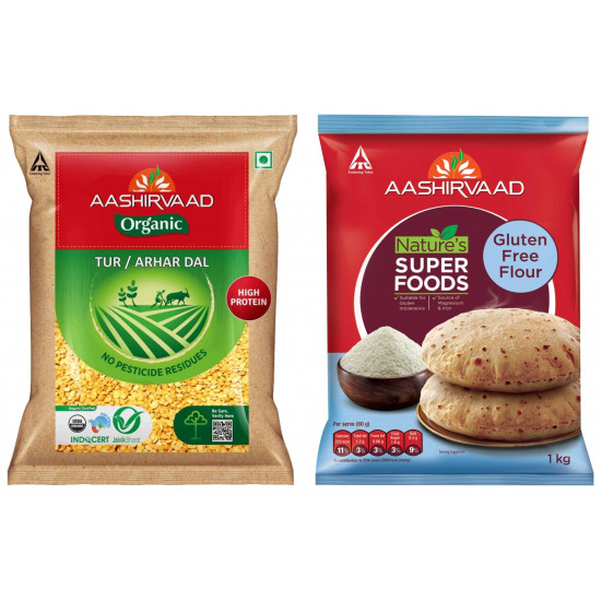 Aashirvaad Nature's Super Foods Organic Arhar/Tur Dal Pouch, 1 kg & Aashirvaad Nature's Super Foods Gluten Free Flour Pouch, 1 kg