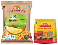 Aashirvaad Nature's Super Foods Organic Chana Dal Pouch, 1 kg & Aashirvaad Spices Combo Pack (Chilli 200g Turmeric 200g Coriander 200g)