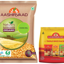 Aashirvaad Nature's Super Foods Organic Chana Dal Pouch, 1 kg & Aashirvaad Spices Combo Pack (Chilli 200g Turmeric 200g Coriander 200g)