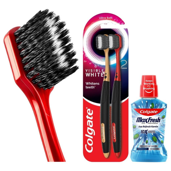 Colgate Visible White O2 Manual Toothbrush for adults- 2 Pcs, Helps prevent Bad Breath, Cavities, Enamel & Gum Problems. & Colgate Plax Pepper Mint Mouthwash, 0% Alcohol - Pack of 500 ml