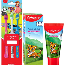 Colgate Kids Anticavity Toothpaste for 2-5 Years - 80gm (Strawberry Flavour) & Colgate Kids Manual Toothbrush for 2+ Years, 3Pcs, with Extra Soft Bristles,Multicolour