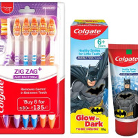 Colgate Batman Anticavity Toothpaste For Kids - 80g (Bubble Fruit Flavour) & Colgate ZigZag Manual Toothbrush for adults, Pack of 6 Medium Multicolour Soft Tooth brush