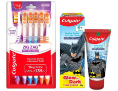 Colgate Batman Anticavity Toothpaste For Kids - 80g (Bubble Fruit Flavour) & Colgate ZigZag Manual Toothbrush for adults, Pack of 6 Medium Multicolour Soft Tooth brush