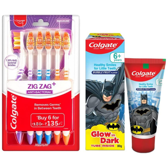 Colgate Batman Anticavity Toothpaste For Kids - 80g (Bubble Fruit Flavour) & Colgate ZigZag Manual Toothbrush for adults, Pack of 6 Medium Multicolour Soft Tooth brush