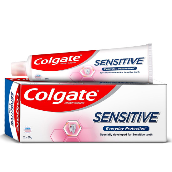 Colgate Sensitive Everyday Protection Toothpaste, Twin Pack Of 160g (80g X 2) & Colgate Sensitive Soft Bristles Manual Toothbrush for adults - 4 Pcs, Multicolor