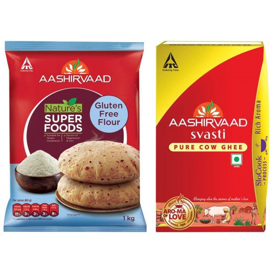 Aashirvaad Svasti Pure Cow Ghee - Desi Ghee with Rich Aroma - 1L & Aashirvaad Nature’s Superfoods Gluten Free Flour, 1kg Pack, Super Nutritious Flour