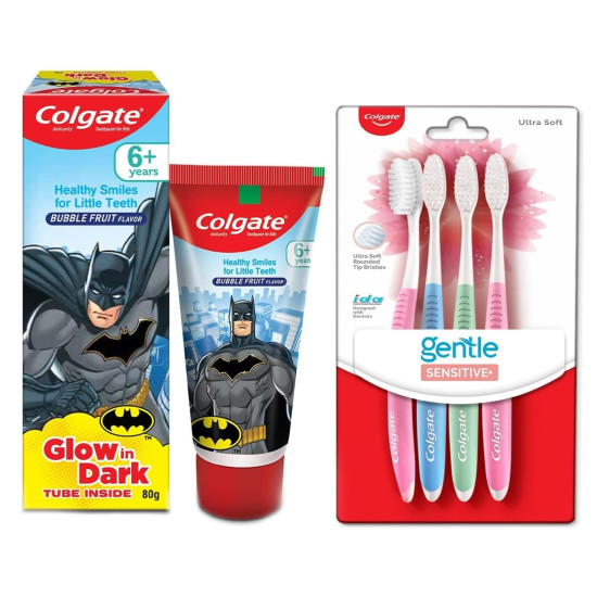 Colgate Batman Anticavity Toothpaste For Kids - 80g (Bubble Fruit Flavour) & Colgate Sensitive Soft Bristles Manual Toothbrush for adults - 4 Pcs, Multicolor