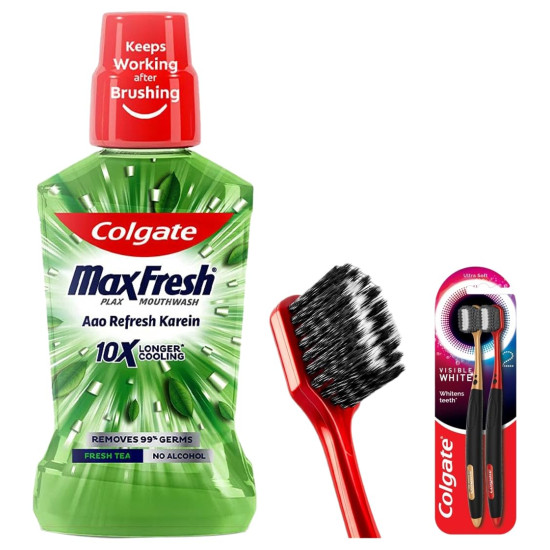 Colgate Visible White O2 Manual Toothbrush for adults- 2 Pcs, Helps prevent Bad Breath, Cavities, Enamel & Gum Problems. & Colgate Plax Fresh Tea Mouthwash, 0% Alcohol - Pack of 500 ml