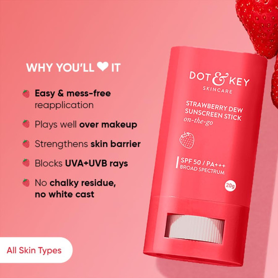 DOT & KEY Strawberry Dew Spf 50 Sunscreen Stick On-The-Go Spf 50 Pa+++, Broad Spectrum, Uva/Uvb Rays Protection With Hyaluronic & Ceramide For Hydration & Skin Barrier, Mess Free & No White Cast, 20g