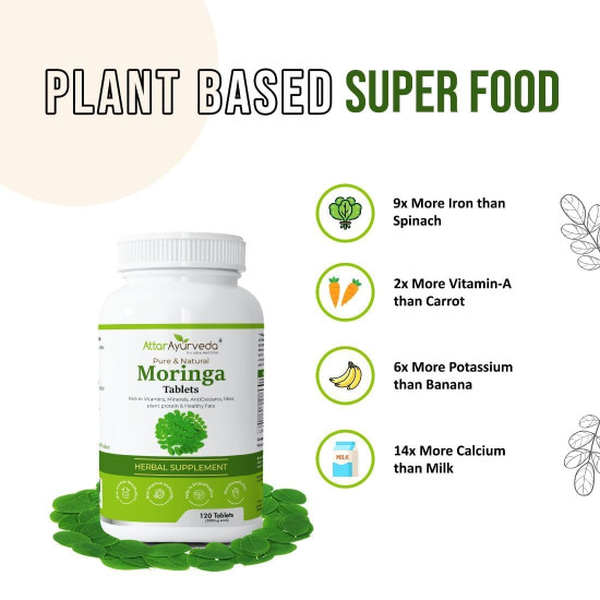 Attar Ayurveda Moringa Tablets 120 Tablets, 500 mg each | Drumstick Leaf Tablets | Pure and Natural, Highly Nutritious