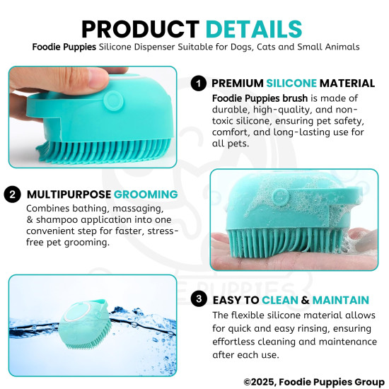 Foodie Puppies Dog Bath Brush Body Scrubber Shampoo Dispenser Tick Remover - (Silicone Dispenser Brush) for Shower Bathing and Shedding Soft Silicone Brushes for Pet Puppy Dogs Cat Rabbit Horse