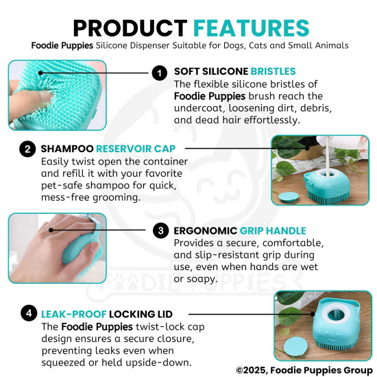 Foodie Puppies Dog Bath Brush Body Scrubber Shampoo Dispenser Tick Remover - (Silicone Dispenser Brush) for Shower Bathing and Shedding Soft Silicone Brushes for Pet Puppy Dogs Cat Rabbit Horse