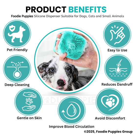 Foodie Puppies Dog Bath Brush Body Scrubber Shampoo Dispenser Tick Remover - (Silicone Dispenser Brush) for Shower Bathing and Shedding Soft Silicone Brushes for Pet Puppy Dogs Cat Rabbit Horse