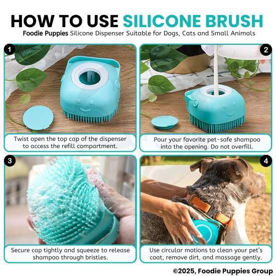 Foodie Puppies Dog Bath Brush Body Scrubber Shampoo Dispenser Tick Remover - (Silicone Dispenser Brush) for Shower Bathing and Shedding Soft Silicone Brushes for Pet Puppy Dogs Cat Rabbit Horse