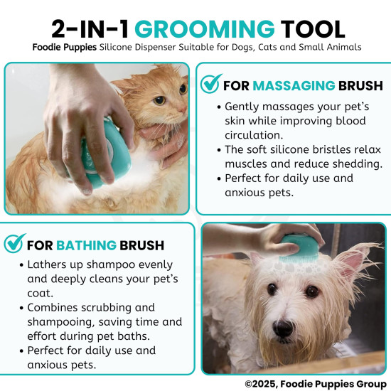 Foodie Puppies Dog Bath Brush Body Scrubber Shampoo Dispenser Tick Remover - (Silicone Dispenser Brush) for Shower Bathing and Shedding Soft Silicone Brushes for Pet Puppy Dogs Cat Rabbit Horse