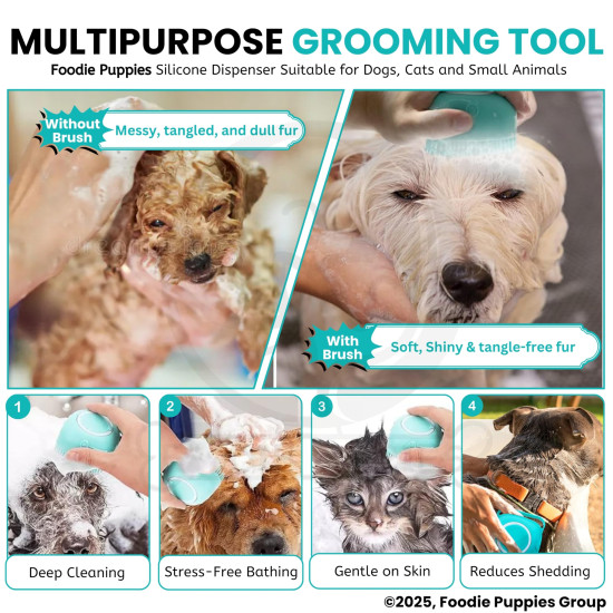 Foodie Puppies Dog Bath Brush Body Scrubber Shampoo Dispenser Tick Remover - (Silicone Dispenser Brush) for Shower Bathing and Shedding Soft Silicone Brushes for Pet Puppy Dogs Cat Rabbit Horse