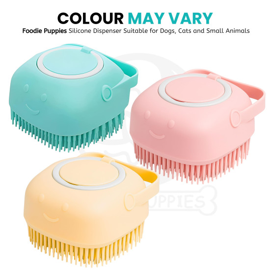 Foodie Puppies Dog Bath Brush Body Scrubber Shampoo Dispenser Tick Remover - (Silicone Dispenser Brush) for Shower Bathing and Shedding Soft Silicone Brushes for Pet Puppy Dogs Cat Rabbit Horse
