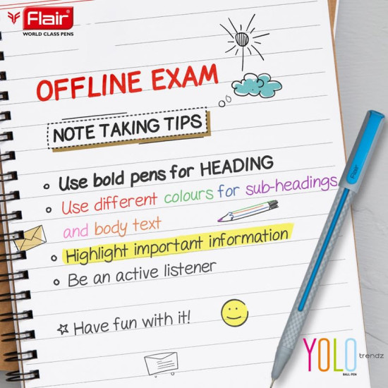 FLAIR Yolo Trendz Ball Pen Pack | Low-Viscosity Ink For Smudge Free Writing | Sleek & Matt Finish Textured Body | Light Weight Pocketable Pen | Multicolor Ink, Set of 10 Shades FLAIR Yolo Trendz Ball Pen Pack | Low-Viscosity Ink For Smudge Free Writing | Sleek & Matt Finish Textured Body | Light Weight Pocketable Pen | Multicolor Ink, Set of 10 Shades