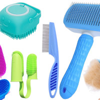 5 Pcs Self Cleaning Slicker Shedding Brush Pet Bath Massage Brush With Soap & Shampoo Dispenser Soft Silicone Bristle Finger Toothbrush & Stainless Steel Comb For Long Short Haired Dogs Cats Shower Bathing