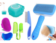 5 Pcs Self Cleaning Slicker Shedding Brush Pet Bath Massage Brush With Soap & Shampoo Dispenser Soft Silicone Bristle Finger Toothbrush & Stainless Steel Comb For Long Short Haired Dogs Cats Shower Bathing