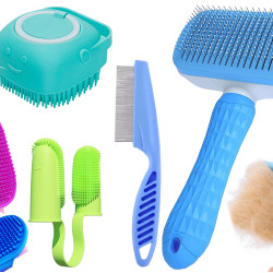 5 Pcs Self Cleaning Slicker Shedding Brush Pet Bath Massage Brush With Soap & Shampoo Dispenser Soft Silicone Bristle Finger Toothbrush & Stainless Steel Comb For Long Short Haired Dogs Cats Shower Bathing