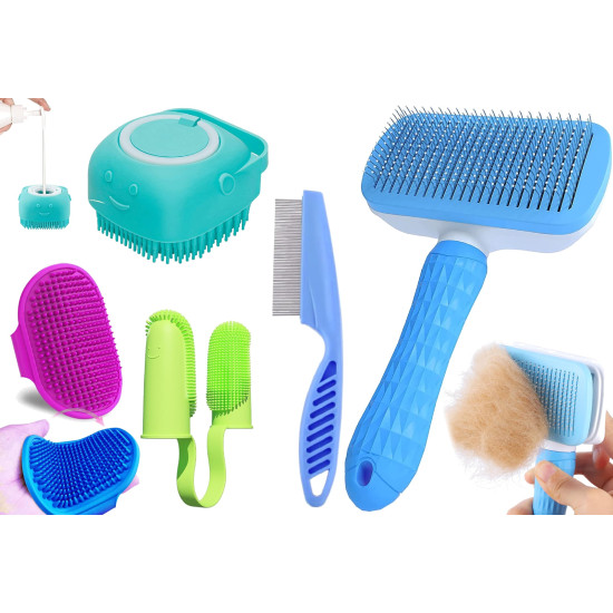 5 Pcs Self Cleaning Slicker Shedding Brush Pet Bath Massage Brush With Soap & Shampoo Dispenser Soft Silicone Bristle Finger Toothbrush & Stainless Steel Comb For Long Short Haired Dogs Cats Shower Bathing