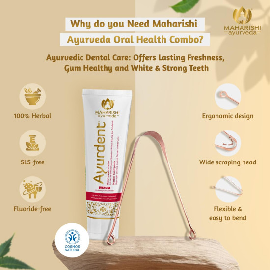Maharishi Ayurveda Ayurdent Classic Toothpaste&Copper Tongue Cleaner Combo Fluoride&Sls-Free Toothpaste For Stronger Teeth Premium Copper Oral Tongue Scraper For Bacteria&Plaque Removal,1 Count