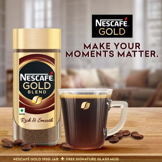 Nescafe Gold Blend Instant Coffee Powder 190 g, Limited Edition Pack with Free Signature Glass Coffee Mug, Rich Aroma & Smooth Taste, Arabica and Robusta Coffee Beans