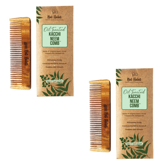 Nat Habit Kacchi Neem Wooden Pocket Comb, Soaked In 13 Herbs, Neem & Sesame Oil - Pocket-Sized & Travel-Friendly For Men & Kids Short Hair (Fine Tooth Pack of 2)