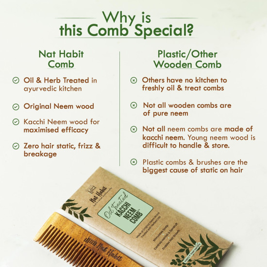 Nat Habit Kacchi Neem Wooden Pocket Comb, Soaked In 13 Herbs, Neem & Sesame Oil - Pocket-Sized & Travel-Friendly For Men & Kids Short Hair (Fine Tooth Pack of 2)