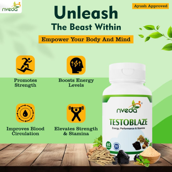 Nveda Testoblaze Testosterone Booster for Men | Muscle Growth, Strength, Energy & Stamina Supplement | Shilajit, Ashwagandha, Safed Musli & Tribulus | Men Vitality & Performance Support | 60 Veg Capsules