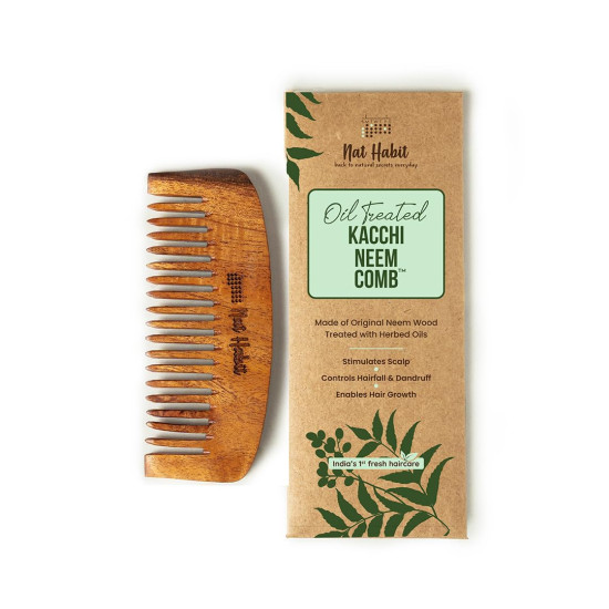 Nat Habit Kacchi Neem Wooden Bounce Comb Soaked In 13 Herbs, Neem & Sesame Oil - For Voluminous Hair, Gentle Detangling & Styling (Wide Tooth) Pack of 1