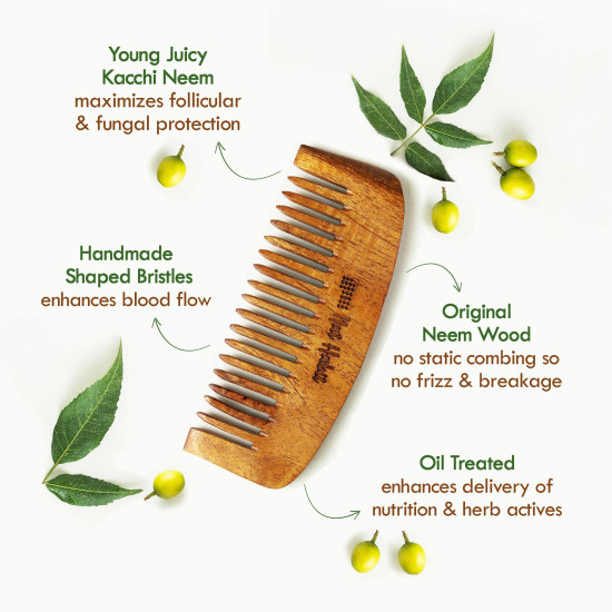 Nat Habit Kacchi Neem Wooden Bounce Comb Soaked In 13 Herbs, Neem & Sesame Oil - For Voluminous Hair, Gentle Detangling & Styling (Wide Tooth) Pack of 1